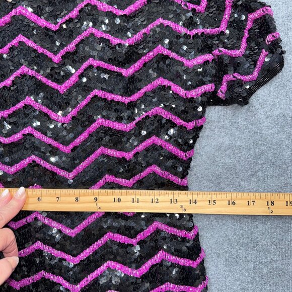 VTG 80s Glam Joan Leslie Black Silk Pink Chevron Sequin Dress Cocktail Size S? - Picture 10 of 15